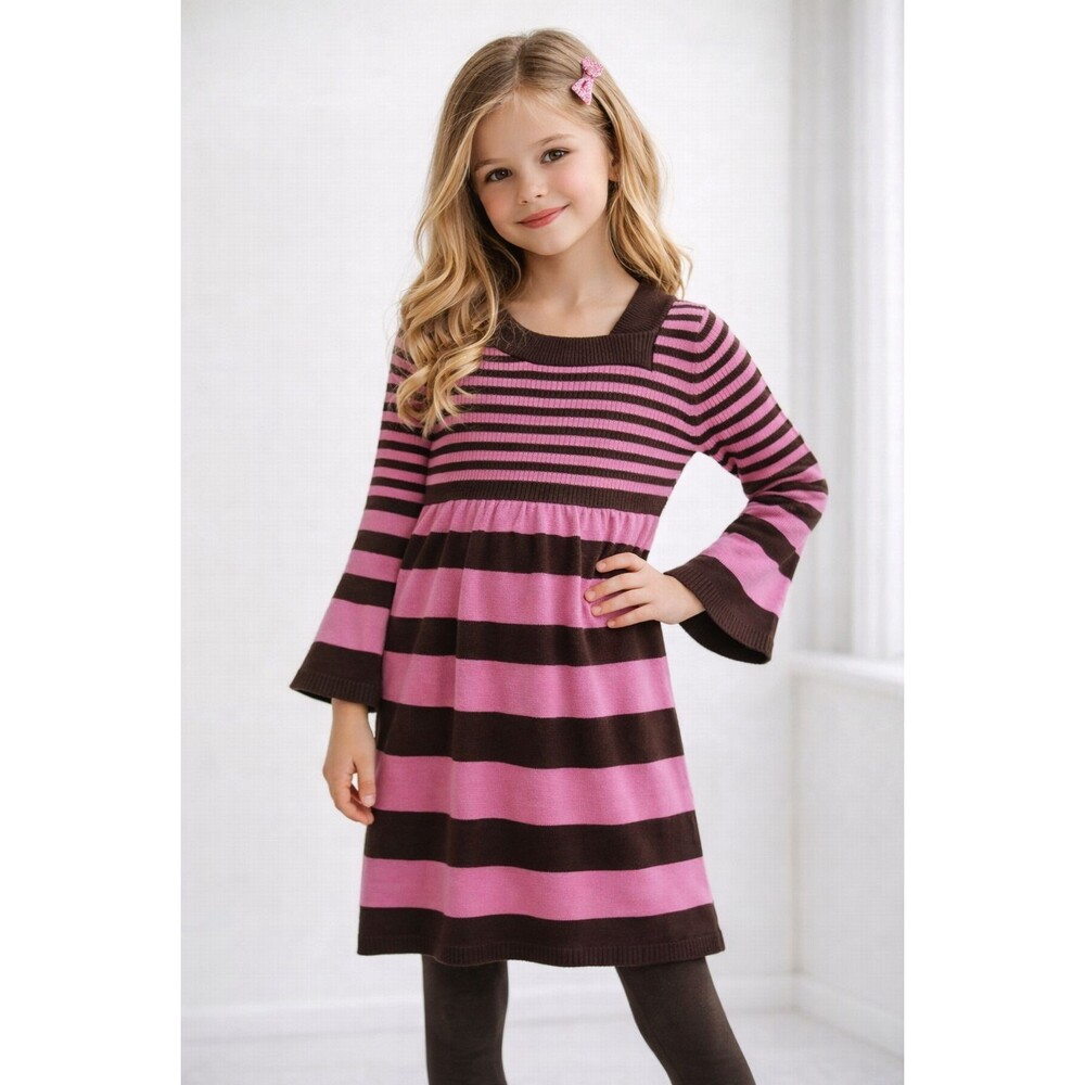 Takeout Sweater Dress Girls Small 7 Pink Brown Striped Knit Pullover Bell Sleeve